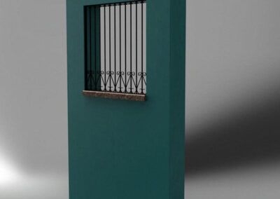 Diseño de reja construida en forja industrial. Barras verticales y apliques decorativos inferiores de forja negra tallermetalico.com